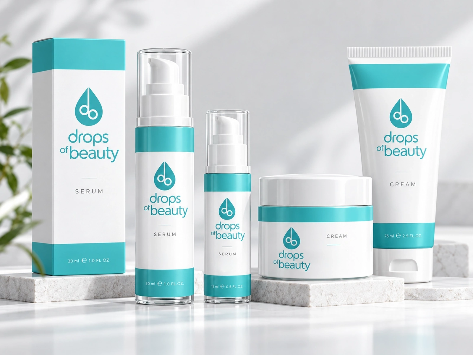Drop of Beauty skincare brand identity and packaging applications