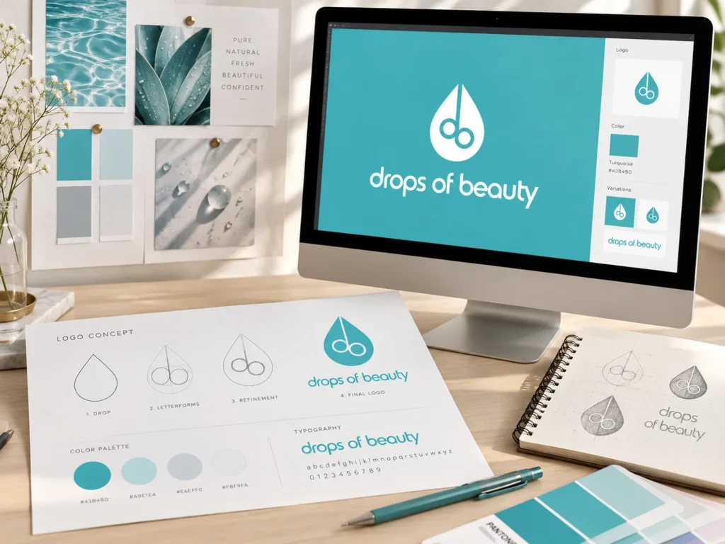 Drop of Beauty logo design presentation with sketches, turquoise color palette and digital mockup.