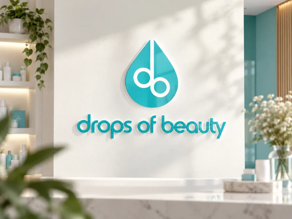 Drops of Beauty turquoise logo displayed on an interior wall in a skincare retail space.