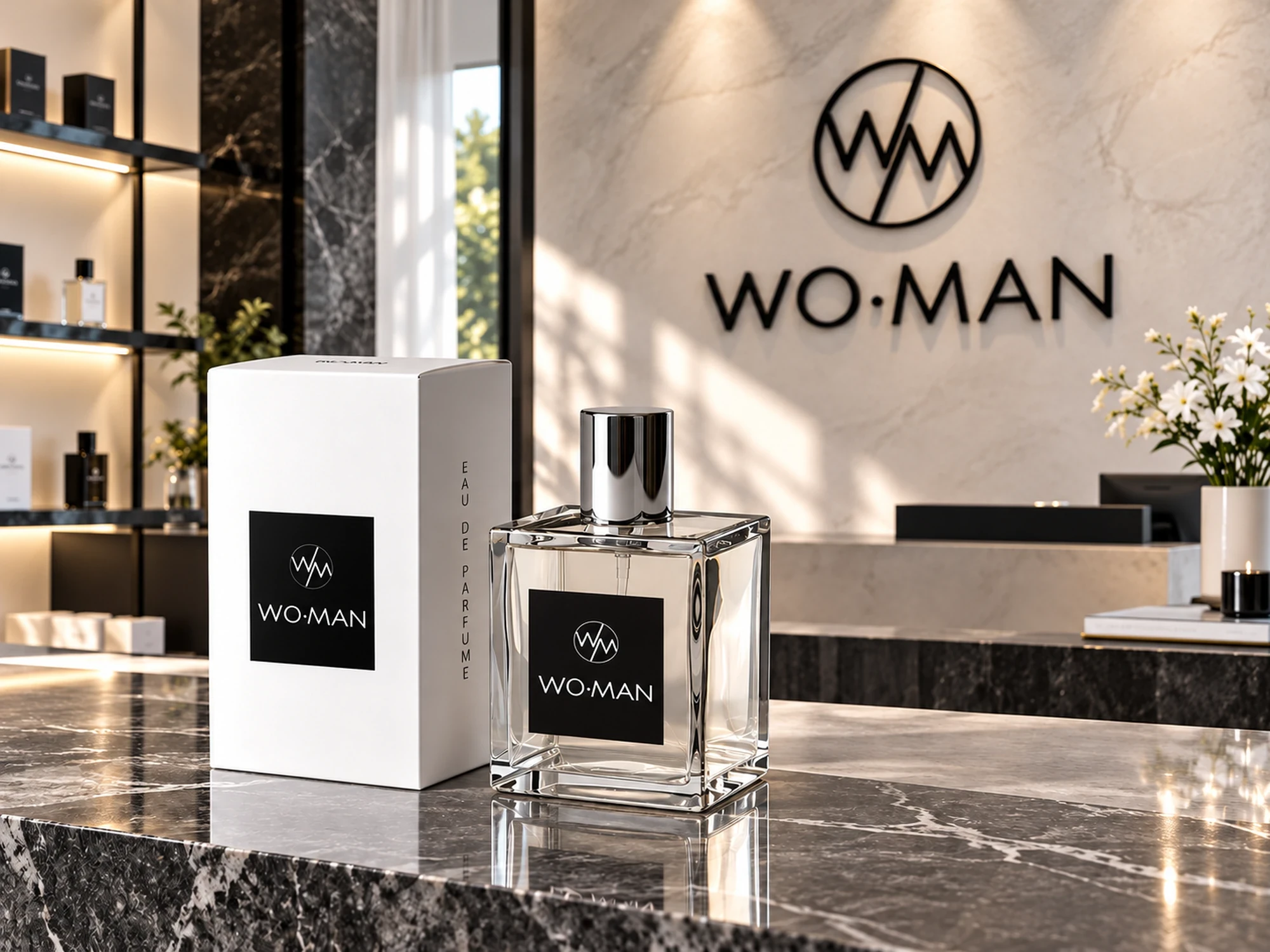 WO.MAN perfume bottle and packaging featuring the black-and-white logo, displayed in a boutique interior.